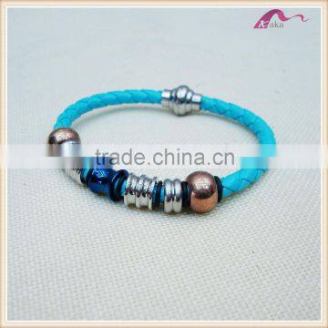 Fashion Cheap Blue Braided Leather Bracelet With Magetic Clasp