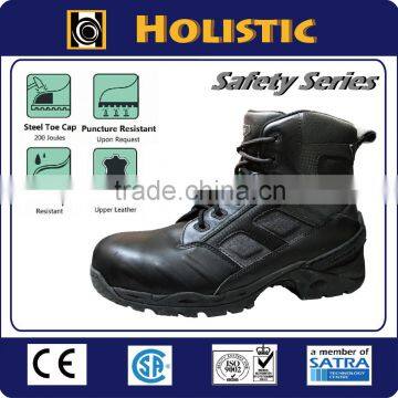 6 Inches black leather steel toe cap military boots with zipper