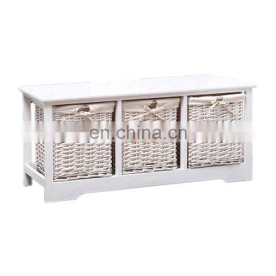 Retro White Wood Shabby Chic Nightstand End Side Bedside Table with Wicker Storage (3 Wicker Baskets)
