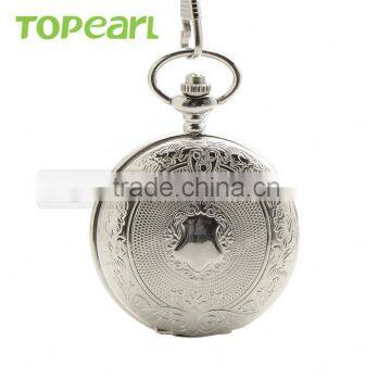 Silvery Tone Shield Case Full Hunter Quartz Movement Pocket Watch Chain LPW225