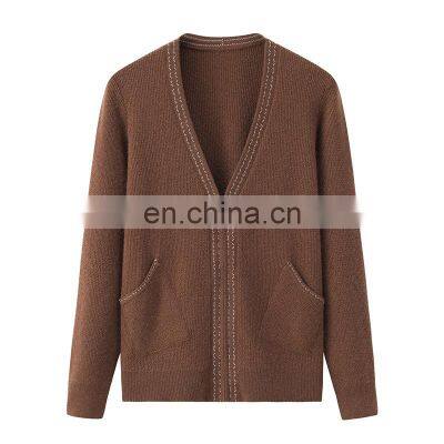 Custom Manufacturer's 100% Cashmere Deep V-Neck Cardigan Sweater for Women Knitted Casual Style for Winter with Front Logo