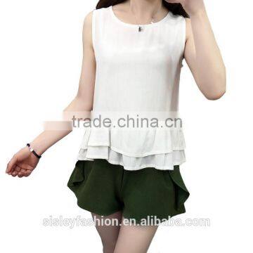 Women sweet ruffles sleeveless tlady blouse & top white basic o neck latest fashion blouse design B039