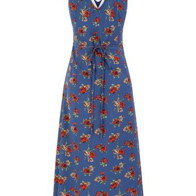 Vestido casual longo com gola em V, estampa floral azul com temperamento francês, sem mangas, vestido feminino 2025