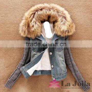 2016 Fashion cotton wool collar jacquard knit rib titching long sleeves denim coat of women LD-055