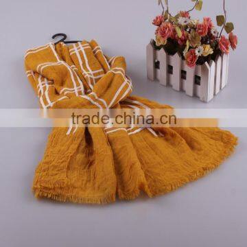 Wholesale Korean Fashion Woman Checked Plaid Embroidery Design Tassel Wide Voile Cotton Scarf