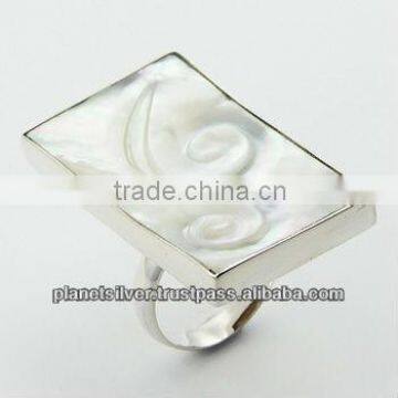 Rectangular Carved Twirls Mother of Pearl Ring Silver