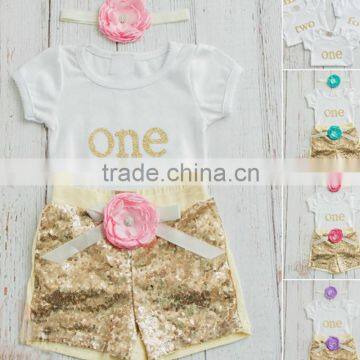 wholesale 2016 children clothes set baby girls first birthday party dresses flower 2 pcs baby shorts set gold children clothes