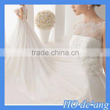 HOGIFT Simple word shoulder sexy lace wedding dress,Printed Flowers Luxurious Long Train Wedding Dress