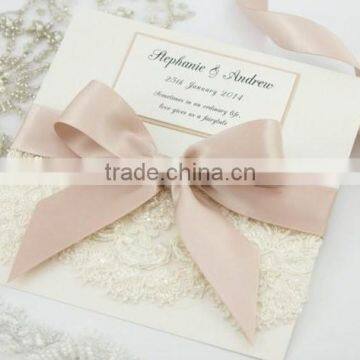 handmade with ice pink ribbon with pear lace wedding invitations card fold pocket invitaiton