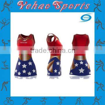 Hot sale netball dress design color red and blue with gold star