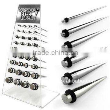 Display with 36 pcs. of surgical steel tapers with double rubber O-ring - size 14g to 00g (1.6mm-10mm)