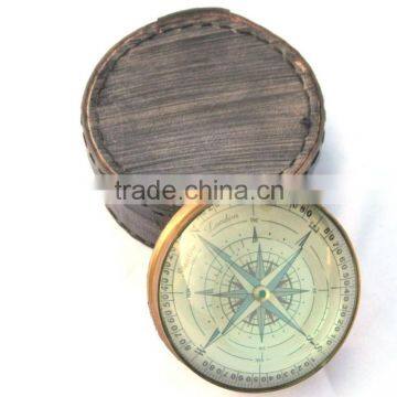 Antique Vintage Solid Brass Compass With Leather Case 13517