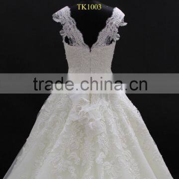 Cream Nice Design Embroidery Lace Appliques Cap Sleeve Long Train Wedding Dress photo-6