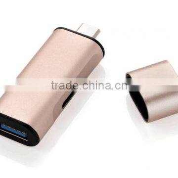 USB 3.1 Type C Male to USB 3.0 Type A Female Adapter / HUB with USB-C Charger Port for MacBook, ChromeBook Pixel Golden Aluminum