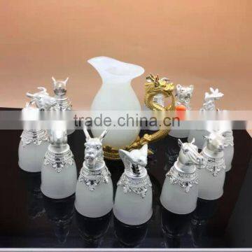 12 Chinese zodiac Afghanistan White jade wine cups Sets With 24K Silver-plated