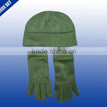 Dark green color plain winter fleece scarf hat gloves sets