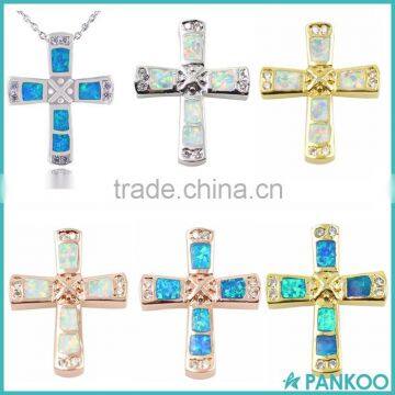 Custom 925 Sterling Silver Created Synthetic Opal Cross Pendant Wholesale