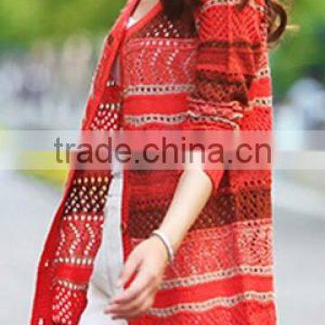 Womens' V Neck Long Sleeve All-over Pointell&stripes Cardigan Coat Knitted Sweater With Button From China