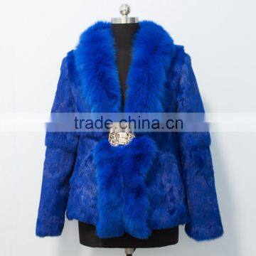 2015 new arrival rabbit fur coat with fox fur collar for women