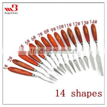 14 shapes stainless steel metal palette knife with red beech wood handle