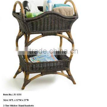 Modern 2 Tiers Wicker Basket Stand With Wood Handles