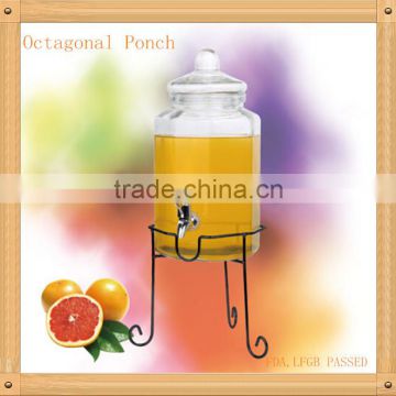 Transparent glass beverage jar with metal stand