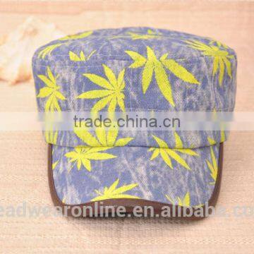 Colorful Maple Leaf Printed Denim Military Caps and Hats photo-3