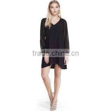 V-neck Loose Black Casual Long Chiffon Sleeve Hi-lo Hem Dress