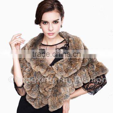 CX-B-21D Hot Selling Genuine Rex Rabbit Fur Knitted Shawl Knit Poncho photo-2