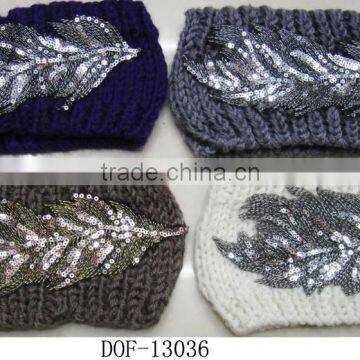 Hot stylish lady crochet leaf sequin headband for winter