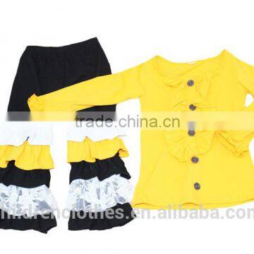 High Quality Wholesale Baby Girl Clothes Outfit Solid Color Ruffle Long Sleeve Top Cake Ruffle Stitching Pants