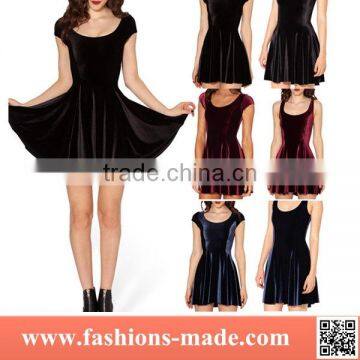 One Piece Fashion Simple Black Women Velvet Pleated Skater Dress