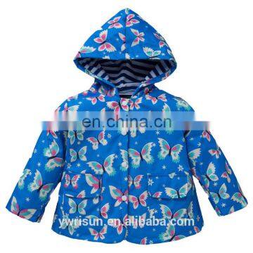 Latest Wholesale Kids Blue Butterfly Girls Waterproof Jacket