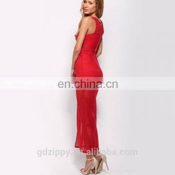 Sleeveless Mesh Stripe Detial Red Net Designer Boutique Dresses photo-6