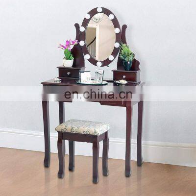 Dressing Table with Stool and LED Lights with 5 Drawers and Mirror, Brown