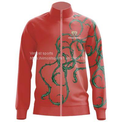 Custom Sublimation Red Jacket of Green Brambles Pattern With White Zipper