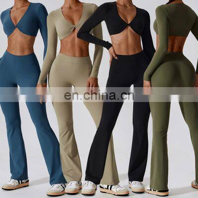 Custom Quick Dry Gym Fitness Sets Sportswear 2 Piece Set Women Sports High Waist Pants Long Sleeve Crop Tops Gym Fitness Sets