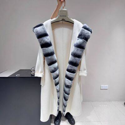 This autumn and winter white Totoro double-sided woolen coat, women's hooded mid-length H-shaped overcoat, is elegant and versatile