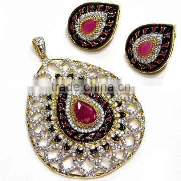 Gold Finish Ethnic, Zirconia,Ruby Pendant & Earring Jewelry design with Meenakari (Enamal) . 22 K Gold Plated Jewellery