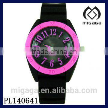 fashion black silicone strap pink case quartz watch*hot sale silicone watch with numeral index printed onto glass