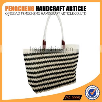 Stripe paper straw bag cotton handle women beach handbag