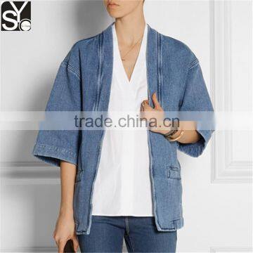 Woman fashion casual half sleeve light blue denim kimono cardigan SYA15170