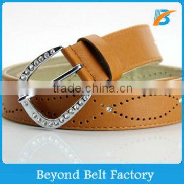 Women's Fashion Perforation Brown PU Leather Belt with Stone Decor Buckle