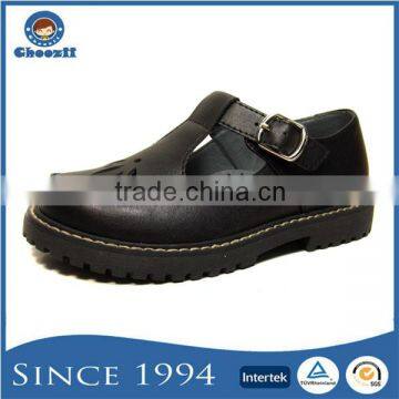 Wide Size Customized Pure Black Buckle Children School Shoes