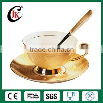 New design gold ceramic coffee cup and saucer set with ladle