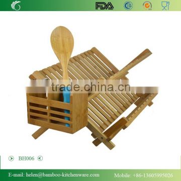 BH006/Natural Bamboo foldable dish rack with flatware holder durable dish drying rack kitchenware bamboo kitchen cabinet dish ra