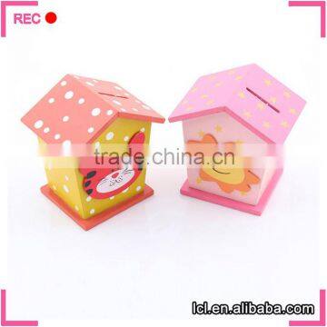 Wooden money box house shaped, wood material money storage box