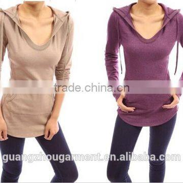 cotton hoodie ribbed sides pocket curve hem tunic casual top Adult age plain crop tops,long sleeve top,online clothing store