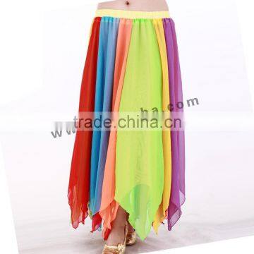 High quality ladies stage dance costumes,elegant wave chiffon rainbow belly dance skirt