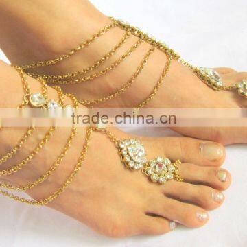 GOLD Tone KUNDAN CHAIN PAYAL Anklets Pair Toe Ring photo-3
